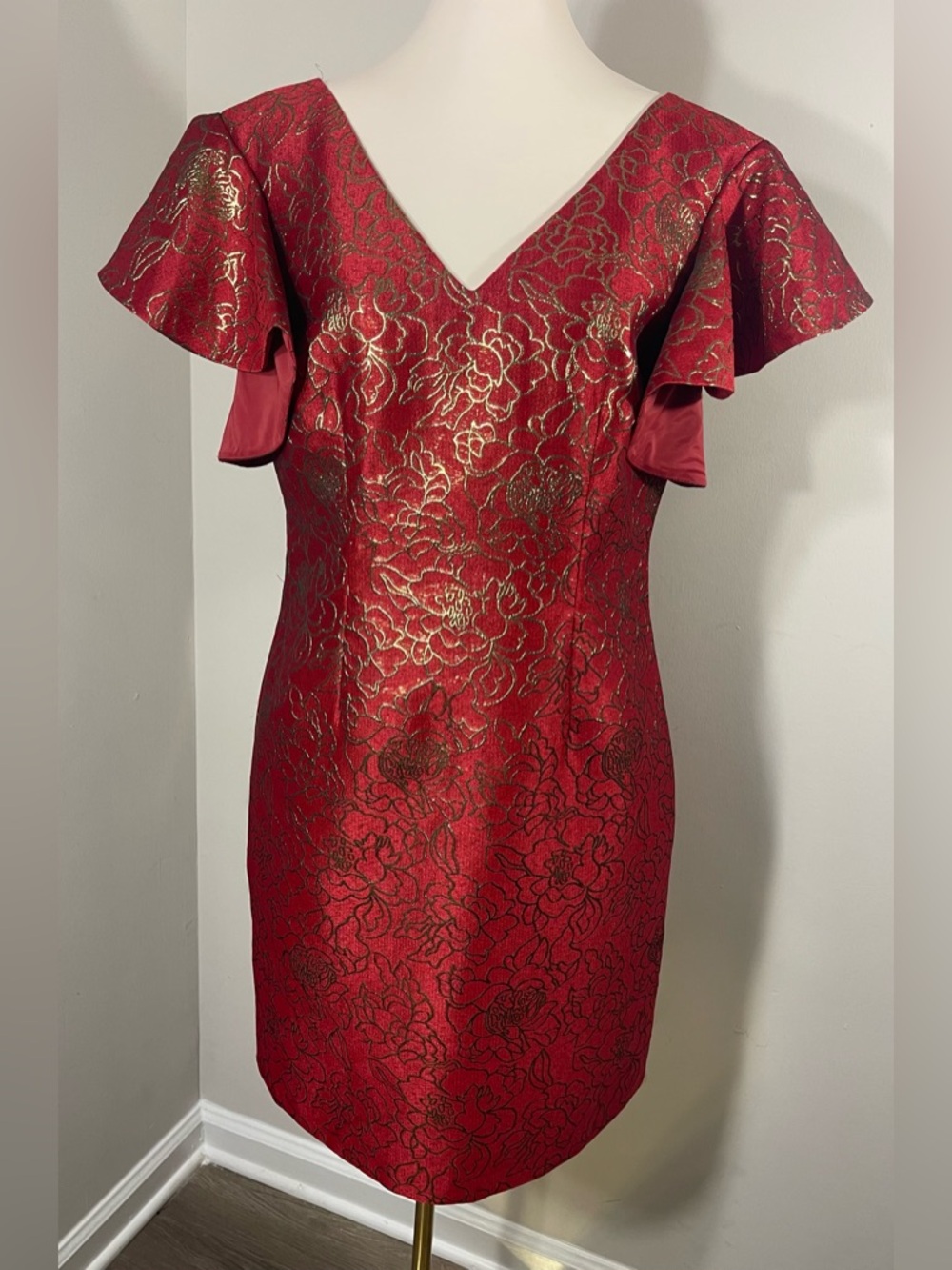 Trina Turk Red Metallic Floral V-Neck Mini Dress